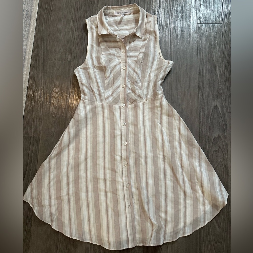 BCBGENERATION Beige and White Striped Sleeveless A-Line Button Down Dress